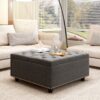 Massive Square Storage Bench, Footstool With 2 Storage Doors, Mid - Century Modern Coffee Table For Living Room, Nailhead Inlay - Dark Gray - Image 4
