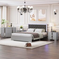 4 Piece Bedroom Sets Queen Size Upholstered Bed With LED Lights, Mirrored Nightstands And Dresser With Metal Handles And Legs - Gray