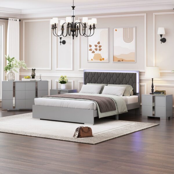 4 Piece Bedroom Sets Queen Size Upholstered Bed With LED Lights, Mirrored Nightstands And Dresser With Metal Handles And Legs - Gray
