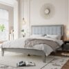 Queen Size Mid Century Modern Solid Wood Platform Bed With Upholstered Headboard - Gray - Image 3