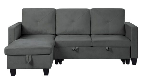 Nova - Velvet Reversible Sleeper Sectional Sofa With Storage Chaise - Dark Gray