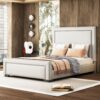 Queen Size Upholstered Bed With Slats Support, No Box Spring Needed - Beige - Image 8