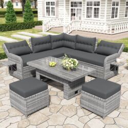 Outdoor Furniture Set Patio Rattan Furniture Set With An Adjustable Table, Recliners With Extendable Side Tables, And 2 Ottomans For Patio, Lawn, Backyard, Pool - Gray