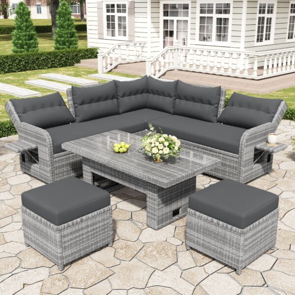 Outdoor Furniture Set Patio Rattan Furniture Set With An Adjustable Table, Recliners With Extendable Side Tables, And 2 Ottomans For Patio, Lawn, Backyard, Pool - Gray
