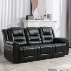 3 Seater Home Theater Recliner Manual Recliner Chair With Two Built-In Cup Holders For Living Room - Black