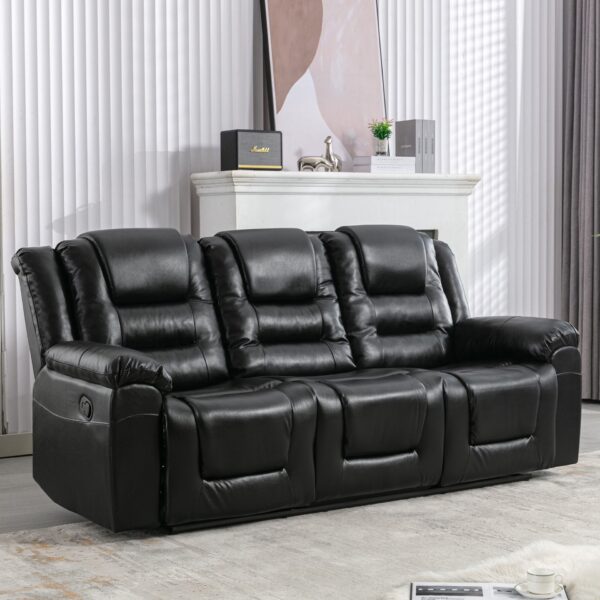 3 Seater Home Theater Recliner Manual Recliner Chair With Two Built-In Cup Holders For Living Room - Black