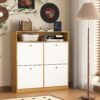 Shoe Storage Cabinet With 4 Flip Drawers And Wooden Handle For Entryway - Natural - Image 2