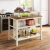 Solid Wood Rustic 3 Piece Stationary Kitchen Island Set With 2 Seatings, Rubber Wood Butcher Block Dining Table Set Prep Table Set With 2 Open Shelves For Small Places - Walnut / Cream White - Image 4