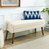 Modern Living Room Bench With Looped Yarn Fabric Soft Cushion Irregular Geometric Armrests Rubber Wooden Legs - Beige - Image 6