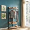 Metal Clothes Rack Open Wardrobe Free Standing With One Drawer Hanging Clothes Rod - Light Brown - Image 2