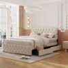 Queen Size Upholstered Platform Bed With 2 Drawers And 2 Sets Of USB Ports On Each Side - Beige - Image 12