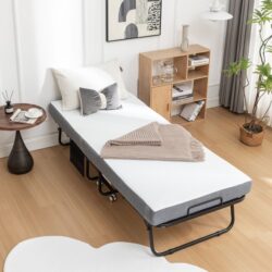 Folding Bed Cot With Mattress, Foldable Metal Frame Bed For Guest With Memory Foam Mattress On Wheels, Saving Space Rollaway Bed - Black