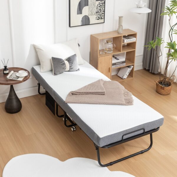 Folding Bed Cot With Mattress, Foldable Metal Frame Bed For Guest With Memory Foam Mattress On Wheels, Saving Space Rollaway Bed - Black