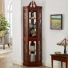 Corner Curio Cabinet With Lights, Adjustable Tempered Glass Shelves, Display Cabinet (E26 Light Bulb Not Included) - Mirrored / Walnut - Image 6