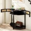 Boho Rattan Semi Circle End Table With Sliding Door, Elegant Wood Accent Table With Storage And Bottom Shelf - Black - Image 18