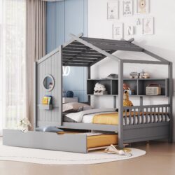 Full Size House Bed With Trundle, Modern Design For Kids With Storage Shlef - Gray