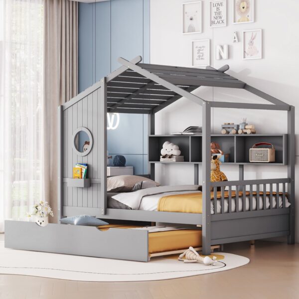 Full Size House Bed With Trundle, Modern Design For Kids With Storage Shlef - Gray