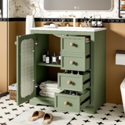 Bathroom Vanity With A Soft Close Glass Door, Adjustable Shelves, And Three Drawers - Green