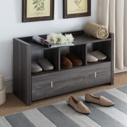Shoe Entry Bench With Three Shelves, One Drawer With Divided Compartment - Distressed Gray