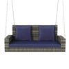 2 Person Wicker Hanging Porch Swing With Chains, Cushion, Pillow, Rattan Swing Bench For Garden, Backyard - Gray / Blue - Image 3