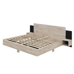 King Size Floating Platform Bed, With LED Lights, Bedside Nightstand - Natural
