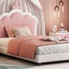 Twin Size Upholstered Princess Bed & Crown Headboard, Platform Bed With Headboard And Footboard - White / Pink - Image 3