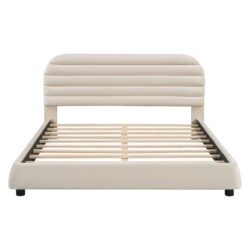 Queen Size Upholstered Platform Bed Frame And Stylish Curve Shaped Design - Beige