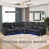 Modern Faux Leather Manual Reclining With Center Console With LED Light Strip, Living Room Furniture Set, Symmetrical Couch With 2 Cup Holders And Storage For Living Room - Black - Image 7