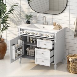 Bathroom Vanity With Top Sink, Modern Bathroom Storage Cabinet 2 Drawers And A Tip-Out Drawer, Single Sink Bathroom Vanity - White