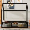 Twin Size Metal House Bed With Fence And Door - Black - Image 4