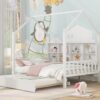 Full Size House Bed With Trundle, Kids Bed With Shelf - White - Image 3