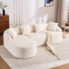 Compression Sofa: Combining Chaise Longue With 3 Seater, Wood Grain Chenille Fabric, Full Sponge Compression Sofa, Combined Sofa With 4 Pillows For Living / Home Furniture / Apartment - White - Image 25