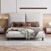 Queen Size Upholstered Platform Bed With 2 Large Headrests And Thick - Beige - Image 9