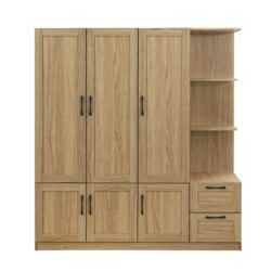3 Door Storage Wardrobe For Dedroom With Shelves And 2 Drawers, Side Storage Shelves - Nature