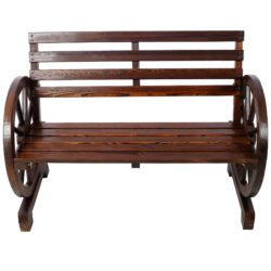 Rustic Country 2 Person Wooden Wagon Wheel Bench With Slatted Seat And Backrest - Brown
