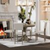 5 Piece Retro Round Dining Table Set With Curved Trestle Style Table Legs And 4 Upholstered Chairs For Dining Room - Taupe - Image 2