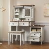 Farmhouse Makeup Vanity Desk With Adjustible LED Lighted Mirror And Charging Station For Bedroom, Dressing Vanity Table With Side Cabinet And Cushioned Stool - White - Image 16