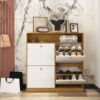 Shoe Storage Cabinet With 4 Flip Drawers And Wooden Handle For Entryway - Natural - Image 5