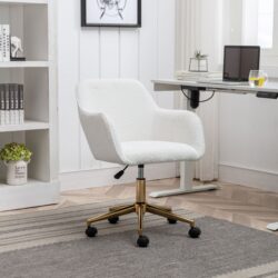 Modern Teddy Fabric Material Adjustable Height 360 Revolving Home Office Chair With Gold Metal Legs And Universal Wheel For Indoor - White