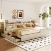 Queen & Twin Long Size Upholstered Platform Bed, Mother & Child Bed With Hydraulic Storage System, Drawer Box, Bedhead Storage Shelf And 2 Pairs Of Sockets & USB Ports - Beige - Image 16