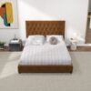 Donald - Mid-Century Modern Velvet Platform Bed Queen - Cognac - Image 14
