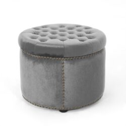 Elegant Round Ottoman Footstool With Velvet Upholstery And Studded Rim - Gray