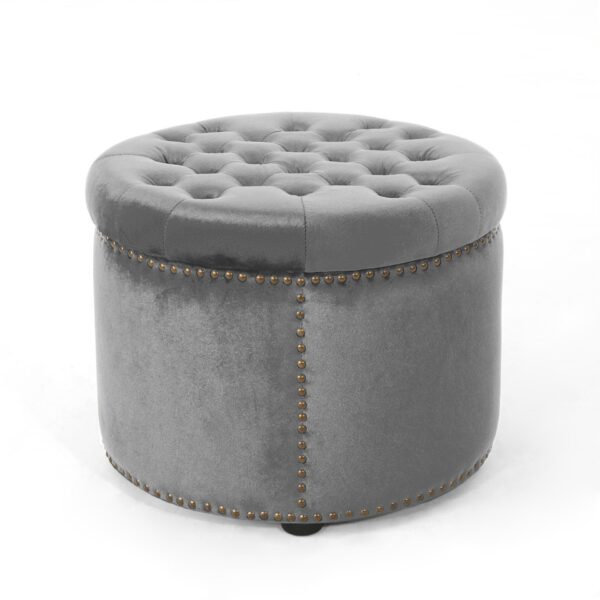 Elegant Round Ottoman Footstool With Velvet Upholstery And Studded Rim - Gray