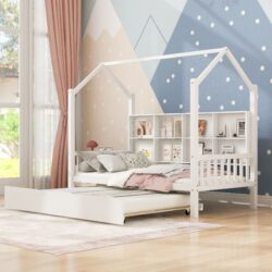 Twin Size House Bed & Trundle, Kids Bed With Shelf - White