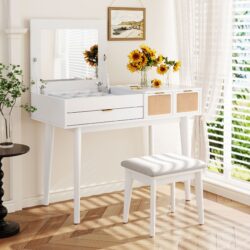 Classic Wood Makeup Vanity Set With Flip-Top Mirror And Stool, Dressing Table With Three Drawers And Storage Space - White
