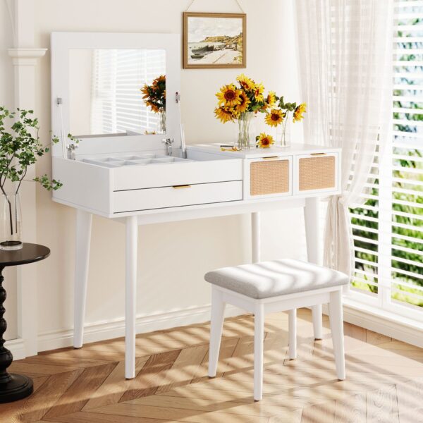 Classic Wood Makeup Vanity Set With Flip-Top Mirror And Stool, Dressing Table With Three Drawers And Storage Space - White