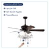 52" Crystal Shade Ceiling Fan Lamp, 3 Speed, 4 Timing, 5 Reversible Blades Crystal Ceiling Fan, 5 Pieces X E12 (No Include Bulb), Hand Pull Chain - Matte Black - Image 7
