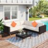 4 Pieces Outdoor Wicker Sofa Set, Patio Furniture With Colorful Pillows, L - Shape Sofa Set - Beige / Brown - Image 2