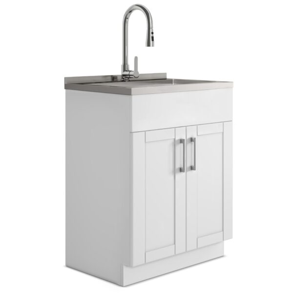 Shaker - Modern, Wide Laundry Cabinet With Faucet And Stainless Steel Sink - White