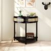 Boho Rattan Semi Circle End Table With Sliding Door, Elegant Wood Accent Table With Storage And Bottom Shelf - Black - Image 4